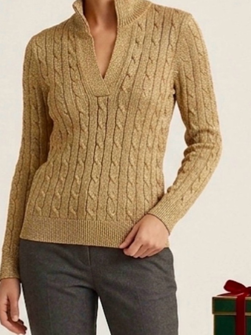 Lauren Ralph Lauren Gold Metallic Cable Knit Sweater V-Neck S